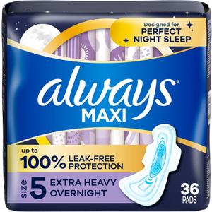 Always Maxi Overnight Pads with Wings for Women, Size 5, Extra Heavy Overnight Absorbency, Unscented, 36 Count (Packaging May Vary)