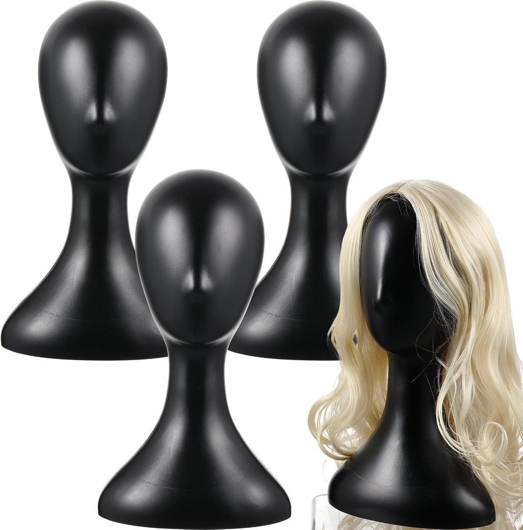 Leinuosen 4 Pcs 16 Inch Professional Mannequin Head Plastic, Realistic Durable Women Model Torso Styling for Wig, Making Styling, Hat, Mask, Headdress, Jewelry, Sunglasses Decor (Black)