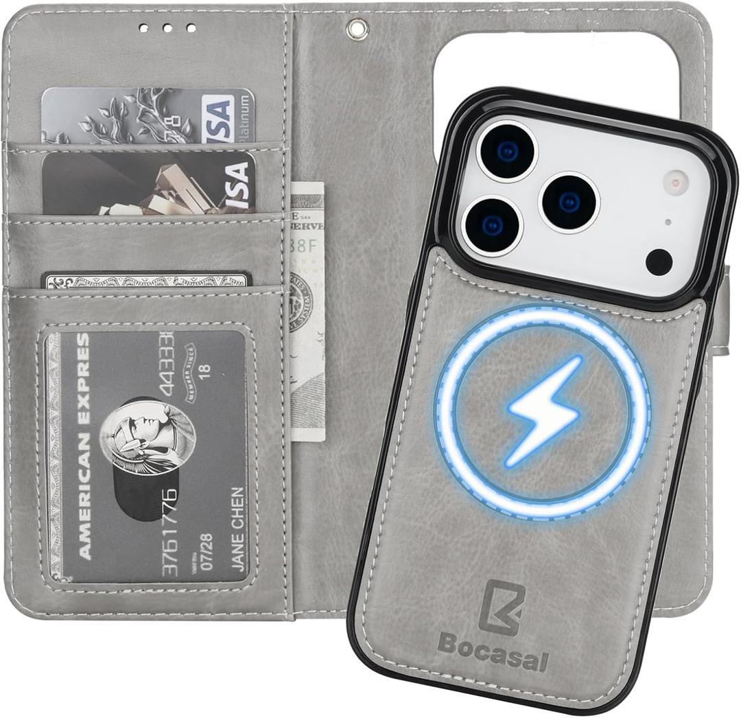 Bocasal for iPhone 17 Pro Wallet Case Compatible with MagSafe Wireless Charging, RFID Blocking Magnetic Leather Case with Card Slots Holder Kickstand Detachable Wrist Strap 6.3 Inch (Grey)
