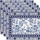 Blue White Floral Placemats Set of 6, Chinoiserie Flower Linen Place Mat Washable Stain Resistant Table Mats for Farmhouse Kitchen Dining 12x18 Inch