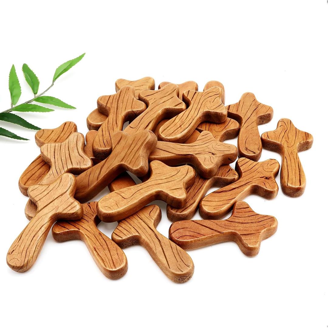 Chunful 24 Pieces Small Hand Held Pine Wooden Cross Bulk Portable Prayer Holding Hand Cross Jesus Clinging Religious Christian Gift for Church Palm Size(2.36 x 1.34 x 0.47 Inches,Light Brown)
