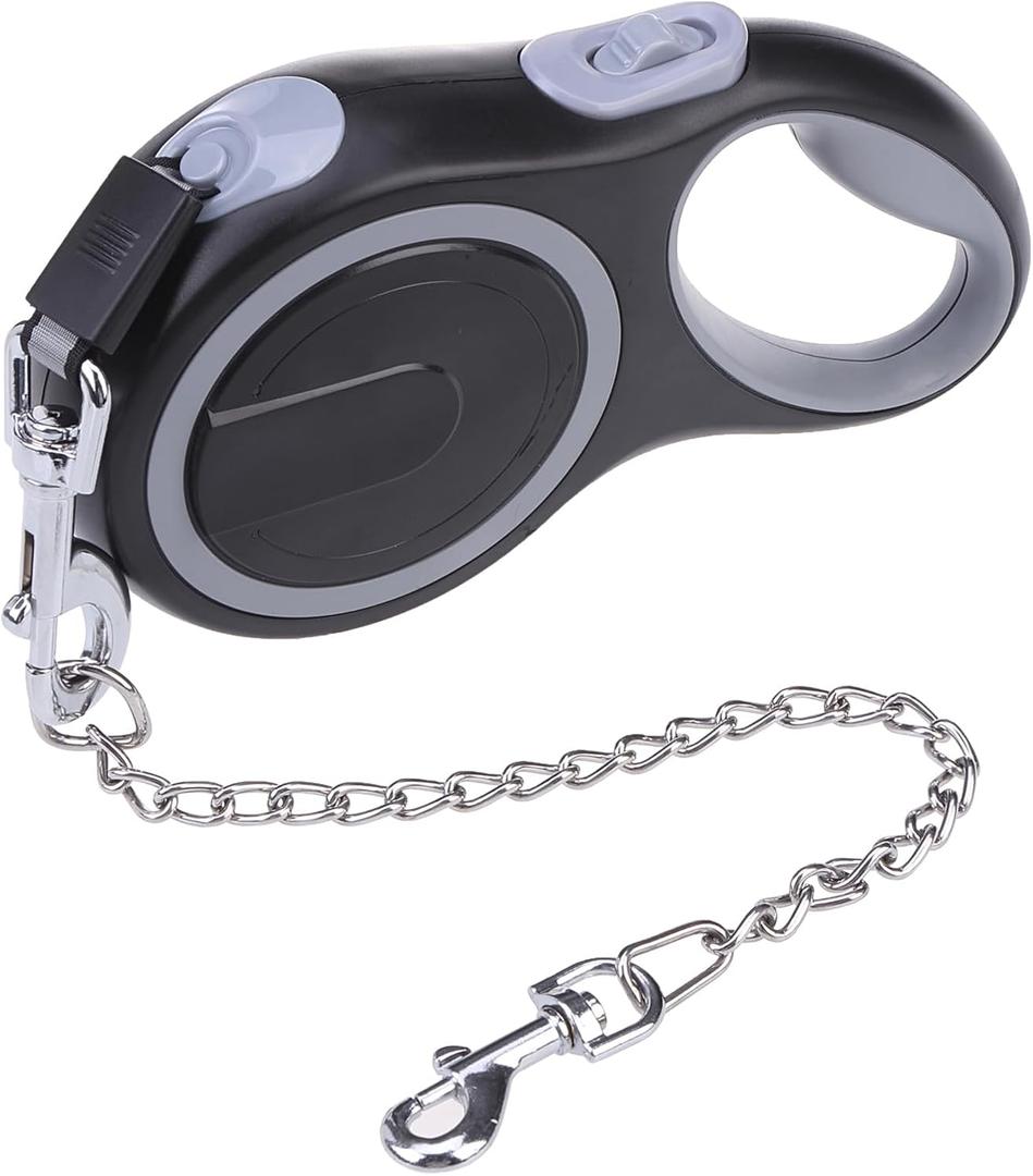 PupTeck Retractable Dog Leash with Chew Proof Chain, 360 Tangle-Free Pet Walking Leash, Heavy Duty up to 110lbs, 16ft Strong Nylon, One-Hand Brake Black