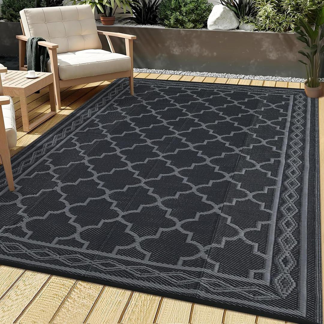 Garvee 9x12 Outdoor Rug Waterproof Patio Rug for RV Camping Black/Grey | Modern Bordered Geometric Rug, Waterproof Patio Rug, Reversible Outdoor Plastic Straw Rugs for RV Patio Porch Deck Balcony