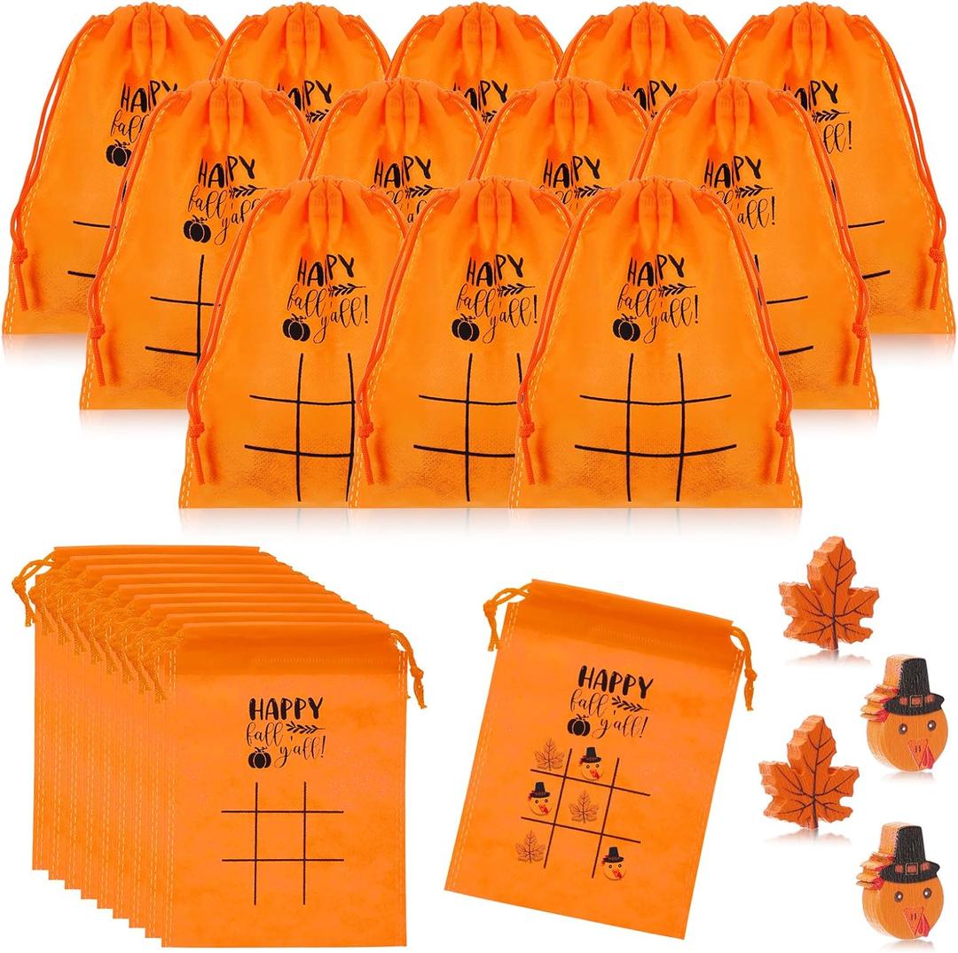 Poen 36 Set Thanksgiving Tic Tac Toe Fall Pumpkin Party Include Wooden Maple Turkey Drawstring Bag Activity for Thanksgiving Holiday Party Supplies(Autumn)
