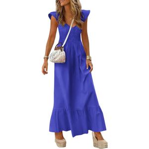 PRETTYGARDEN Women's 2026 Summer Casual Maxi Dresses Cap Sleeve V Neck Smocked Long Pockets Party Sundress Vacation Outfits (Blue, L)