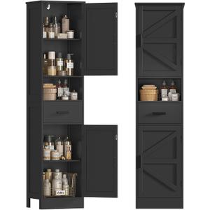 TEENFON Tall Bathroom Storage Cabinet with Barn Doors, Narrow Bathroom Cabinet with Drawer, Narrow Storage Unit, Adjustable Shelves, Floor Cabinets for Living Room, Entryway, Kitchen, Black, 11.8"D x 15.8"W x 67"H