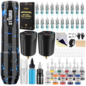 STIGMA Wireless Tattoo Gun Kit Complete Tattoo Kit Tattoo Rotary Pen Set with 2Pcs Tattoo Battery 20Pcs Cartridge Needles 11Pcs Ink Tattoo Machine Kit for Beginners Tattooist ST-TK9003-3