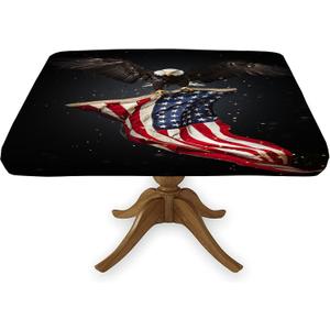 Square Fitted American Flag Tablecloths, Flying Bald Eagle USA Flags Elastic Edge Table Cover, Stain Resistant Washable Table Clothes for 4th of July Independence Day Use, Fits 36x36 Inch Table