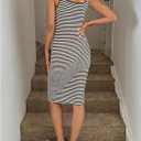 GORGLITTER Women's Striped Crochet Maxi Dress Gingham Square Neck Slit Bodycon Long Casual Wedding Guest Dresses (L)