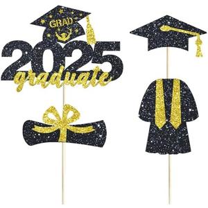 4 Pcs 2025 Graduate Cake Topper Black Glitter Congrats Grad Cake Topper Class of 2025 Cake Decor for 2025 Senior High School/College/University Happy 2025 Graduation Party Supplies Decorations, Pack of 2