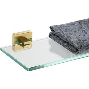 JQK Bathroom Glass Shelf, Floating Tempered Glass Shower Storage 24 by 5 inches, 304 Stainless Steel Brushed Gold Wall Mount, TGS201L24-BG