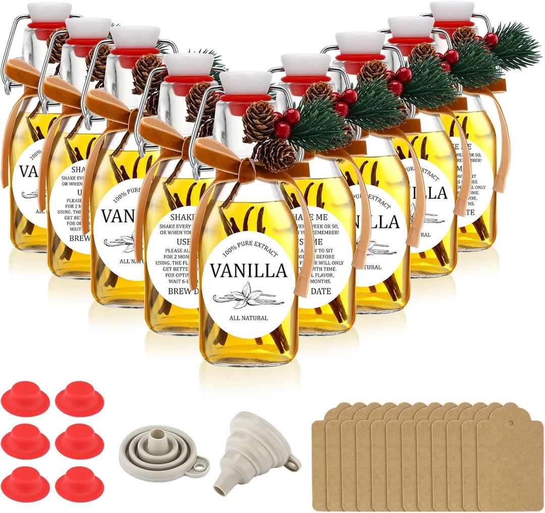 Sieral 9 Sets Vanilla Extract Bottles Clear Swing Top Glass Bottles for Gift Giving Homemade Vanilla Extract Jar Funnel Rope Labels for New Year Brewing Oil Beer Tea DIY Supply(Round,4 oz)