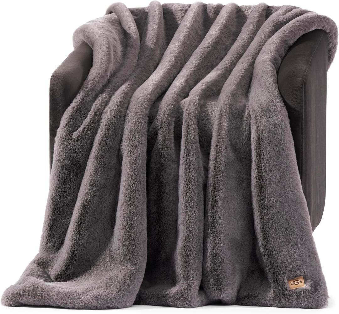UGG Euphoria Faux Fur Throw Blanket, Oversized Soft Throw for Bed or Couch, Luxury Bedroom Decor, Plush Blankets, Machine Washable, 50-inch x 70-inch, Charcoal Grey