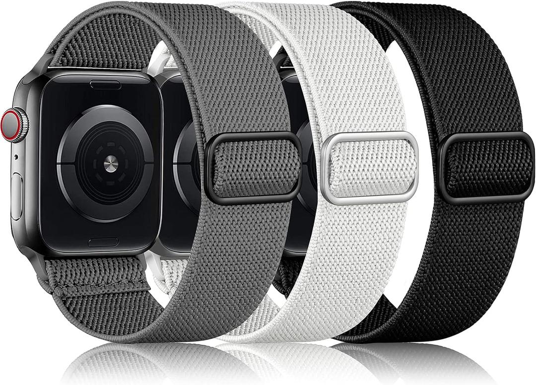 DaQin 3 Pack Stretchy Solo Loop Compatible with Apple Watch Bands for Men 42mm 41mm 40mm 38mm, Soft Nylon Braided Elastic Strap for iWatch Band Series 11 10 9 8 7 6 5 4 3 SE Ultra 3 Ultra 2 Ultra (Dark Gray/White/Black)