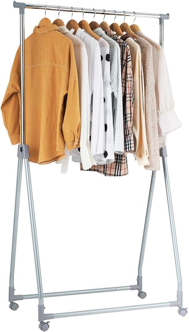 Tangkula Extendable Garment Rack, Heavy Duty Foldable Clothes Rack with Adjustable Hanging Rod, Rolling Clothes Hanger for Home Office (Silver)