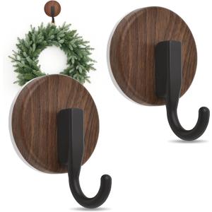 Wreath Hanger for Front Door, Upgraded Suction Cup Hook for Window Glass/Shower Mirror/Over Door, Christmas/Thanksgiving/Halloween/July 4th/Easter/Valentine/Fall/Summer/Spring(Walnut, J, 2 Pack)