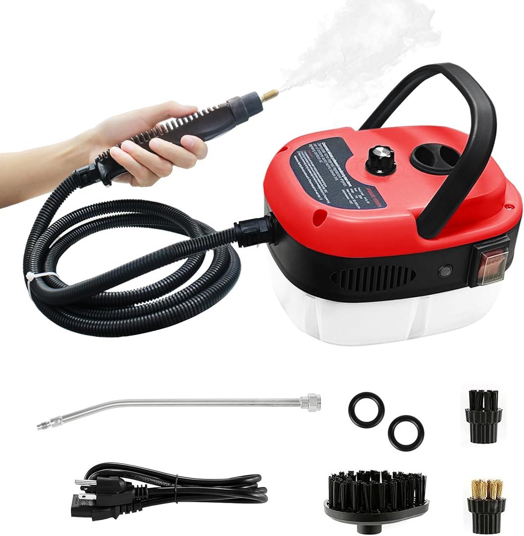 Handheld Steam Cleaner, 2500W Pressurized Steam Cleaner with 3 Brush Heads, Portable Steam Cleaner for Home, Car, Furniture, Kitchen, Bathroom and Wall, Red