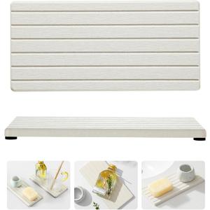 Razborci 2 Pack Greige Bathroom Sink Vanity Trays, Diatomite Stone Kitchen Counter Caddy Dish Soap Dispenser Sponge Holder, Water Absorbing Mat Organizer for Plant,Cosmetic Bottle, Beige, 8"x3.8"