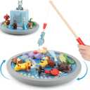 360 Round Turntable for Tonies Figures Storage, Fun Fishing Game with Magnetic Hook to Catch for Tonies Characters, Ocean Theme Wooden Organizer Storage Shelf Display for Toniebox 1/2