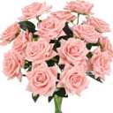 Floweroyal 15PCS Pink Roses Artificial Flowers 4.33" Velvet Flowers with Long Stem Fake Roses for Mother's Day, Wedding Bridal Bouquets, Floral Arrangement, Table Centerpieces, Home Decorations