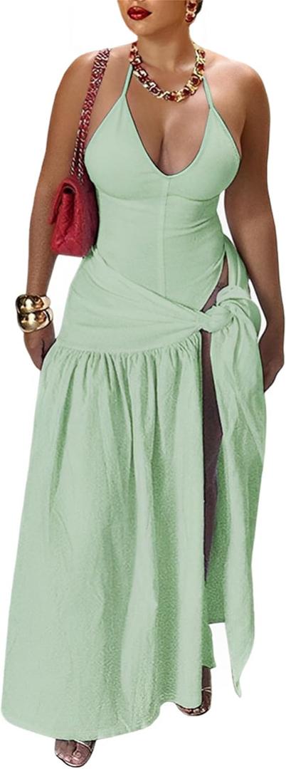 Womens Summer 2 Piece Maxi Skirt Sets Sexy Halter V Neck Backless Thong Bodysuits Wrap Beach Cover Ups Vacation Outfits (XL)