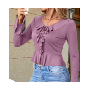 olrain Women Long Flare Sleeve V Neck Tie Front Pan Collar Ruffle Hem Blouse Ribbed Spring Fall Outfit Cute Going Out Tops (Small, Grey)