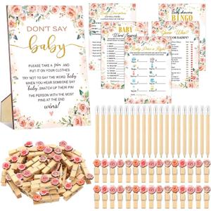 Patelai 321 Pcs Floral Baby Shower Game Decorations Set 5 Games Include Floral Baby Shower Bingo Word Scramble Description The Price Don't Say The Word Pencil Clothespins for Flower Game Party Decor