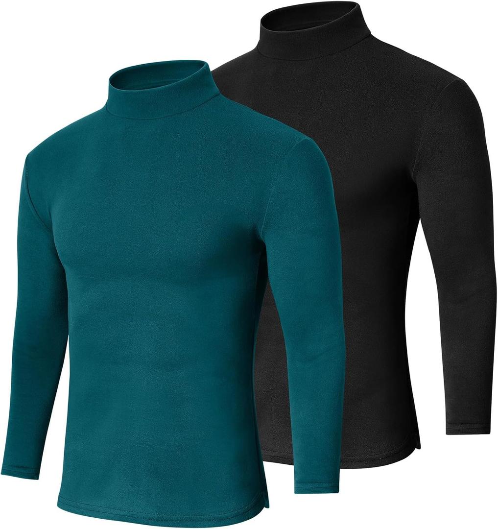 Cutecrop 2 Pack Men Mock Turtleneck Long Sleeve Shirts Double Sided Fleece Thermal Pullover Sweater Slim Fit Base Layer Top (Black, XXL)
