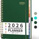 RETTACY 2026 Planner, Weekly and Monthly, Large Size (8.5" x 11"), Jan - Dec 2026, Agenda, Calendar, 12 Month Tabs, Flexible Plastic Cover, 100 GSM Thick Paper, Spiral-bound (Dark Green)