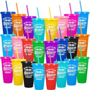 24 Pack Plastic Tumblers with Lids and Straws, Sometime You Forget You Are Awesome Gifts Reusable Cups with Lids Colorful Cups for Party, Iced Coffee Cup Bulk Tumbler (24 oz, Solid Colors Printed)
