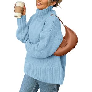 PRETTYGARDEN Women's 2025 Fall Oversized Sweaters Turtleneck Casual Long Sleeve Chunky Knit Pullover Tops Winter Clothes (Light Blue, Medium)