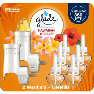 Glade PlugIns Refills Air Freshener Starter Kit, Scented and Essential Oils for Home and Bathroom, Hawaiian Breeze, 4.02 Fl Oz, 2 Warmers + 6 Refills