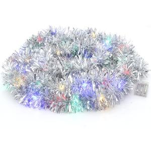 CCINEE Christmas Prelit Tinsel Garland, 33 Ft Silver Hanging Garland with 100 Multicolored Battery Operated LED String Lights for Christmas Tree Decorations Wedding Party Supplies