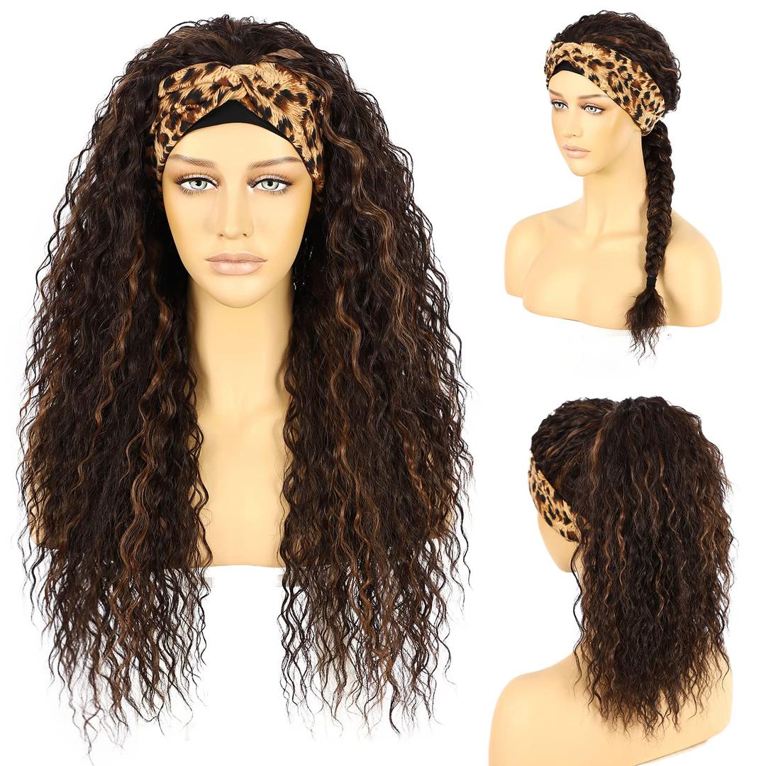Headband Wigs for Black Women Natural Hairline Synthetic Brown Loose Curly None Lace Front Wigs for Black Women Glueless Machine Made Wig Wavy pre plucked 26 Inch