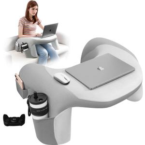 Reading Pillow for Bed, Lap Desk for Laptop, Memory Foam Arm Rest Support Gaming Pillow with Cup/Phone Pocket, Laptop Lap Desk for Working, Gaming, Reading on Couch Bed Floor- Grey