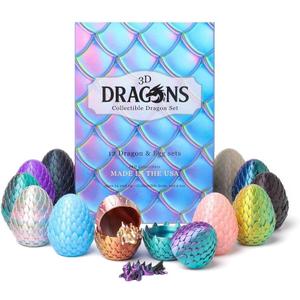 12-Piece Dragon Egg & Articulated Baby Dragon Collectible Set 3D-Printed PLA Display Eggs with Mini Dragons Vibrant Fantasy Colors Unique Gift & Dcor for Dragon Lovers