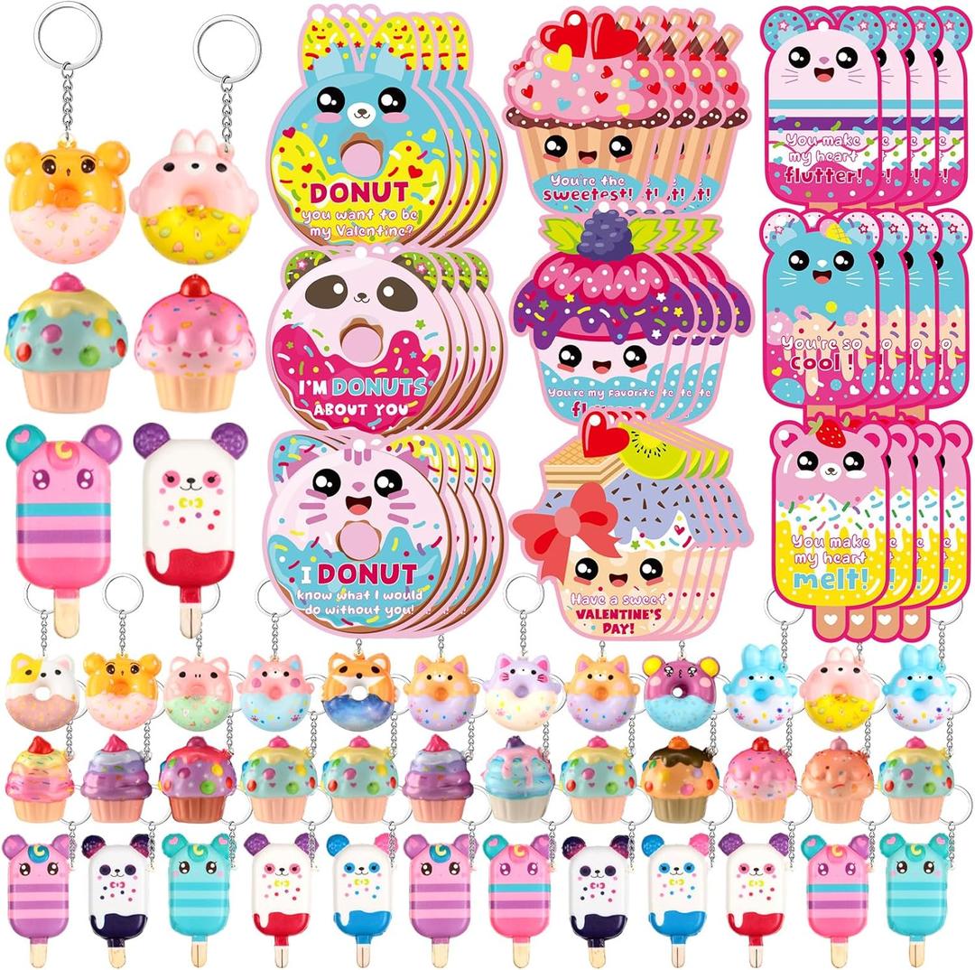 Quelay 36 Sets Valentines Day Cards for Kids Classroom with Scented Dessert Keychains Cute Toys Stress Relief Keychains Exchange Gift Prizes Party Favors for Boys Girls(Dessert)