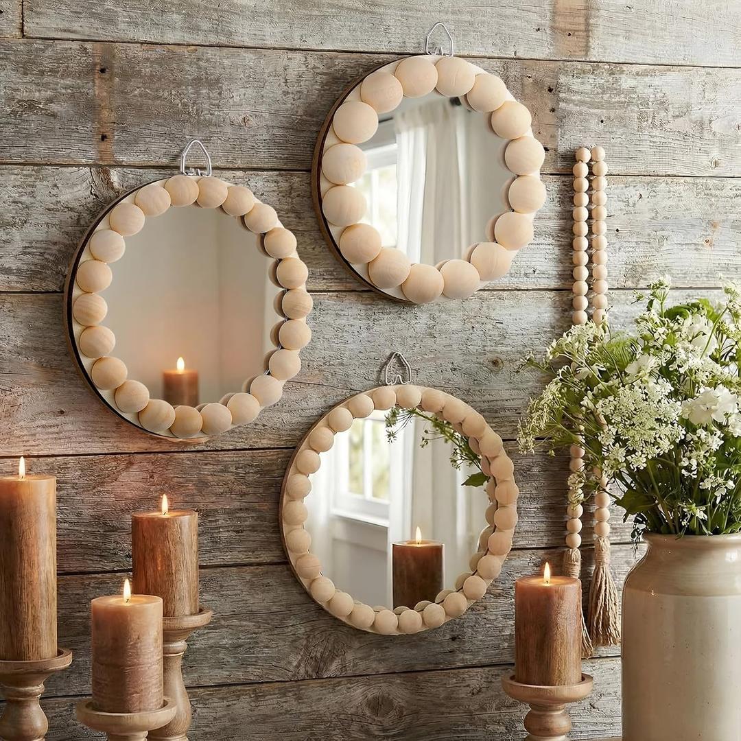 Novabright 3 Pcs Boho Mirror Wall Decor 4.72 Inch Small Round Circle Decorative Mirrors with Wood Bead Hanging Wall Art for Farmhouse Rustic Home Living Room, Bedroom, Bathroom, Entryway