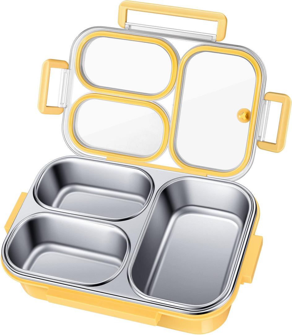 KTKUDY Stainless Steel Bento Box for Kids & Adults - 25 oz - Leakproof 3 Compartment Metal Lunch Container - 18/8 Stainless Steel Lunch Box Kids - Ideal for School, Office & Outdoor (Yellow)