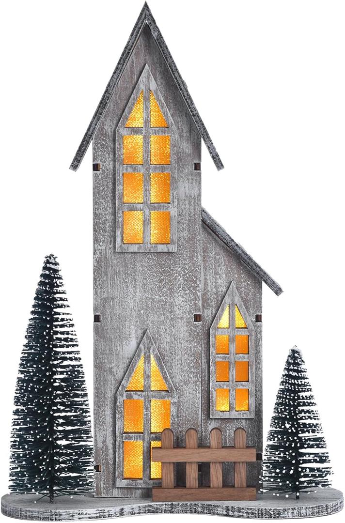 Wooden Christmas Village House with LED, Xmas Decor Indoor Tabletop Centerpiece with Tree, Lighted Christmas House Decor for Home Shelf Mantle, Winter Holiday Village Display (Style A)