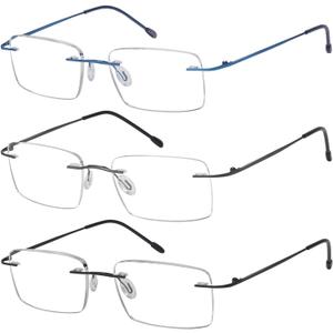 Eyekepper 3 Pack Frameless Metal Reading Glasses for Men - Rectangle Rimless Readers (Black/Blue/Gunmetal) +1.75