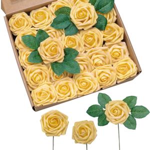 Jelofly Artificial Flowers Creamsicle Yellow Roses 50pcs Real Looking Fake Flowers Foam Roses w/Stem DIY Wedding Bouquets Centerpieces Baby Shower Party Home Decorations