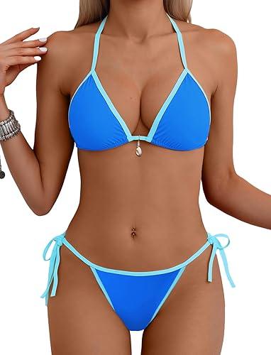 Tainehs Women's Sexy Halter Bikini Set Triangle Top String Swimwear Two Piece Swimsuits Cheeky Bathing Suit (Medium, Hot Pink)