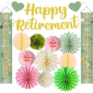 Retirement Party Decorations Set Women - 14 Pcs Green Gold Banner Happy Retirement Door Hanging Banners Paper Flowers Balls Fans Set for Women Men Sage-Green Retire Party Decor Supplies
