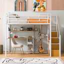 Full Size Metal Loft Bed with Wardrobe and Desk, Heavy Duty Loftbed w/Storage Stairs + Shelves,Space-Saving, Noise Free, No Box Spring Needed, White