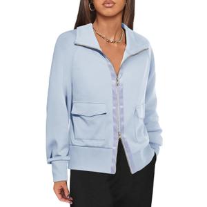 Fisoew Women's Zip up Sweatshirt Collared Neck Long Sleeve Loose Casual Lightweight Jacket with Pockets (Medium)
