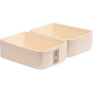 Large Shallow Organizing Baskets 15x11x5.1 Inches - Rope Woven Storage Bins for Bathroom, Shelves, Cube Closet, Beige 2 Packs