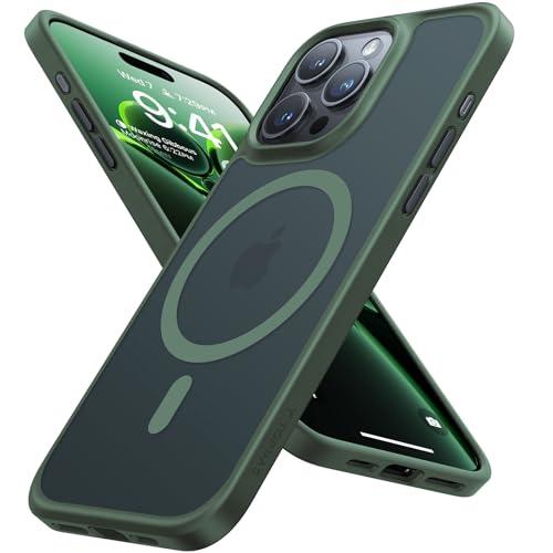 TORRAS Magnetic Shockproof for iPhone 15 Pro Case, [Military-Grade Drop Tested][Compatible with MagSafe] Translucent Hard PC Back with Silicone Slim Protective Cover Anti-Fingerprint, Green
