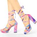 Allegra K Women's Tie Dye Platform Chunky Heel Lace Up Blue Pink Sandals 6 M US