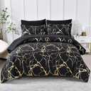 Gold Metallic Marble Comforter Set Queen Size,7 Piece Bed in a Bag,Foil Print Glitter Black Comforter and Sheet Set,All Season Soft Microfiber Complete Bedding Sets(Black,Queen)